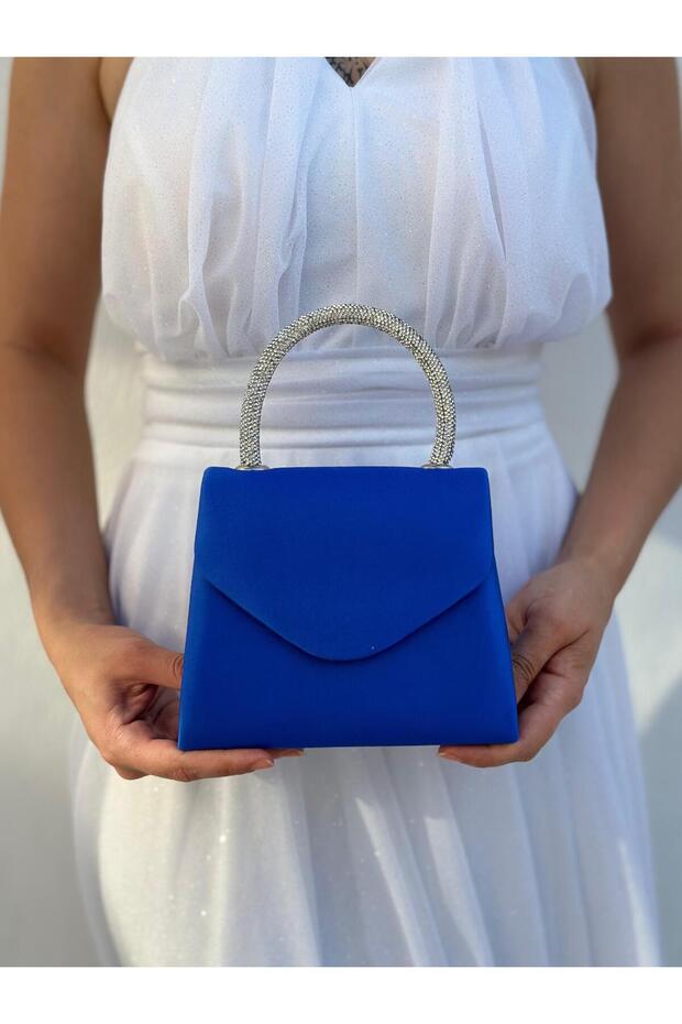 Women's Blue Satin Stone-Embellished Evening Dress Shoulder Bag
