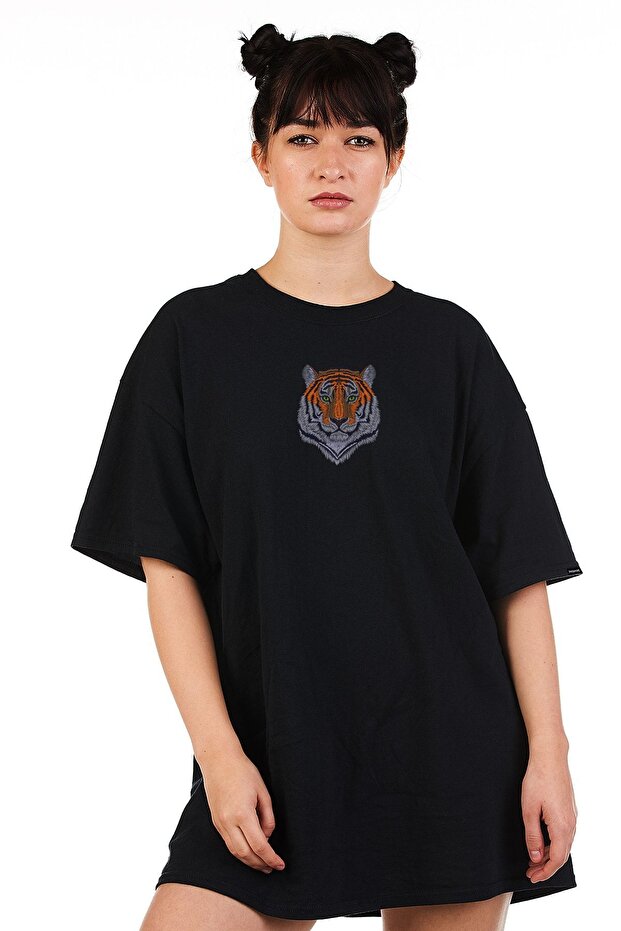Azurco Oversize Tiger Baskılı Siyah Tshirt - 4