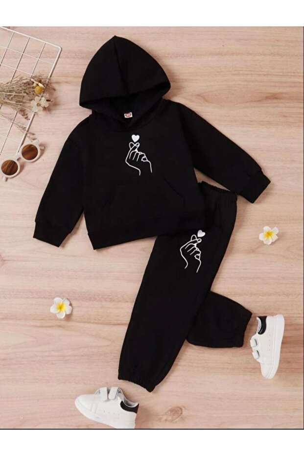 Black Girl Hand Heart Printed Hooded Tracksuit Set