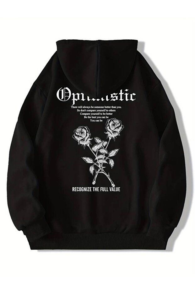 Unisex Optimistic Rose Printed Oversized Winter 3-Thread 100% Cotton Hooded Sweatshirt Hoodie