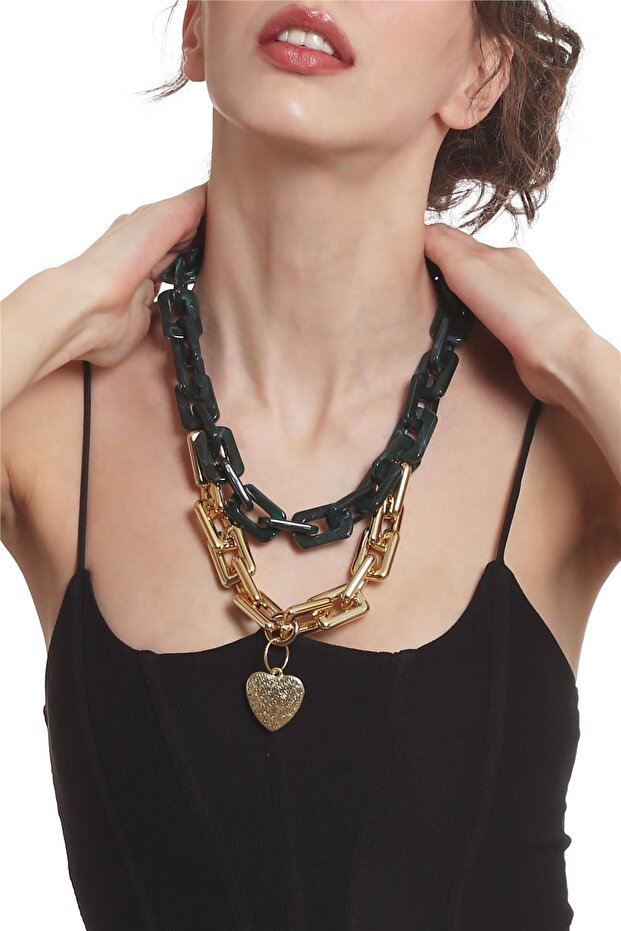 Women's Thick Chain Shaped Heart Charm Green & Gold Color Acrylic Design Necklace