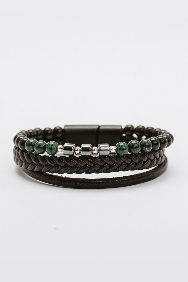 Men's Genuine Leather Bracelet - Black Striped, Five Braided Strands, Hematite and Natural Stones
