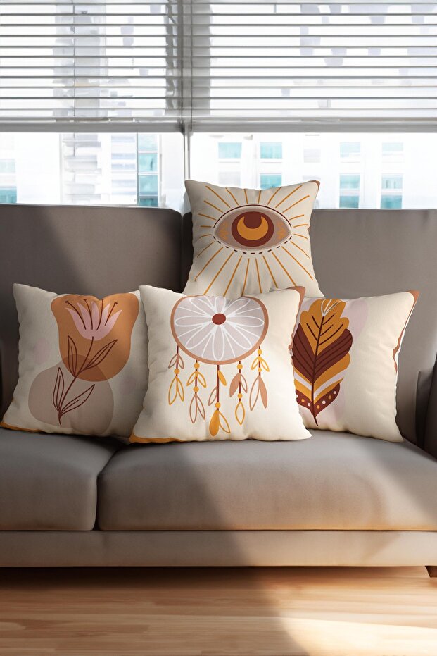 Bohemian Boho Dream Catcher Patterned Digital Printed Decorative Set of 4 Throw Pillow Cases - 1