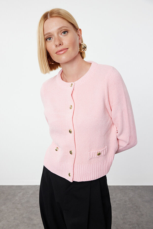 Pembe Crop Premium İplik/Özel İplik Cep Detaylı Triko Hırka TWOAW24HI00051 - 1