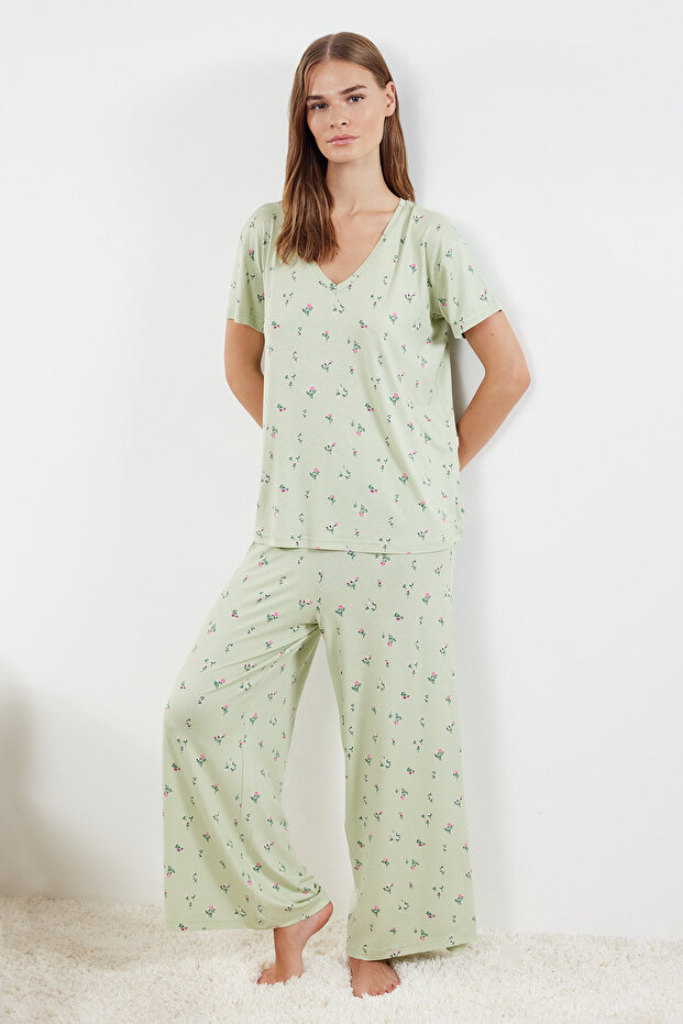 Mint-Çok Renkli Çiçekli Örme Pijama Takımı THMSS24PT00231 - 2