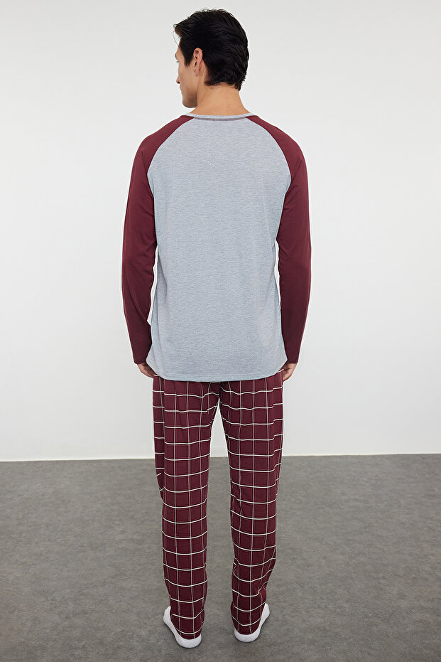 Koyu Bordo %100 Pamuk Erkek Regular Fit Reglan Kol Kareli Örme Pijama Takımı THMAW21PT0879 - 6