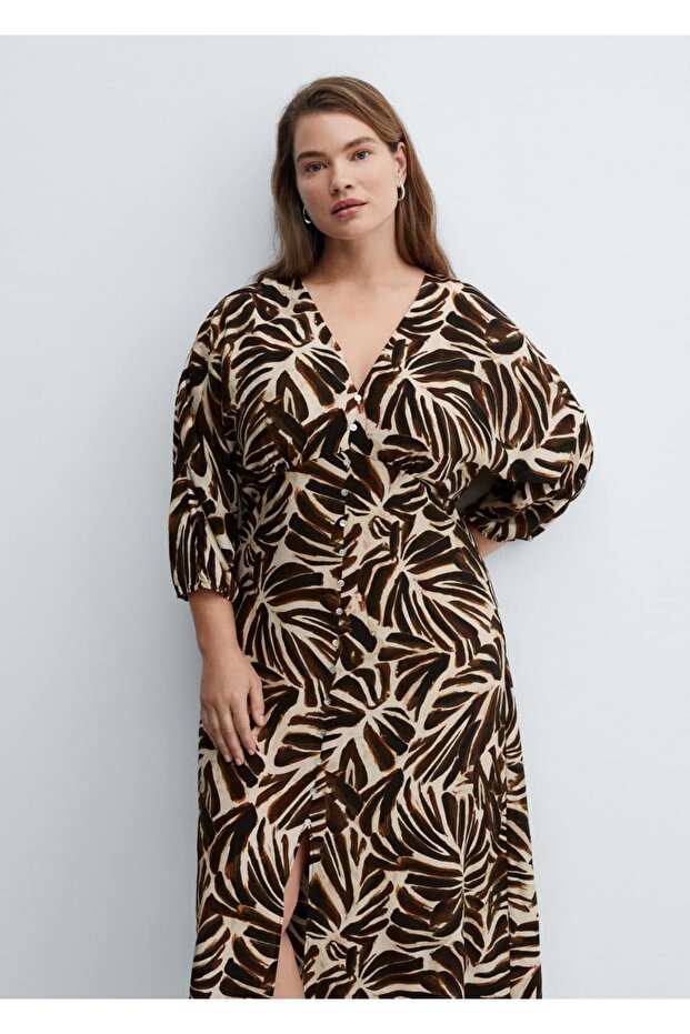 V yakalı desenli elbise - 7