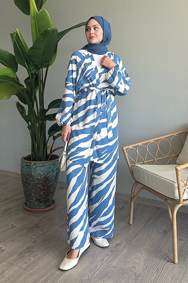 Blue Viscose Brush Patterned Set - 3