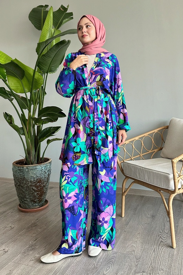 بدلة مزدوجة منقوشة بزهرة فيسكوز أرجوانية - 3