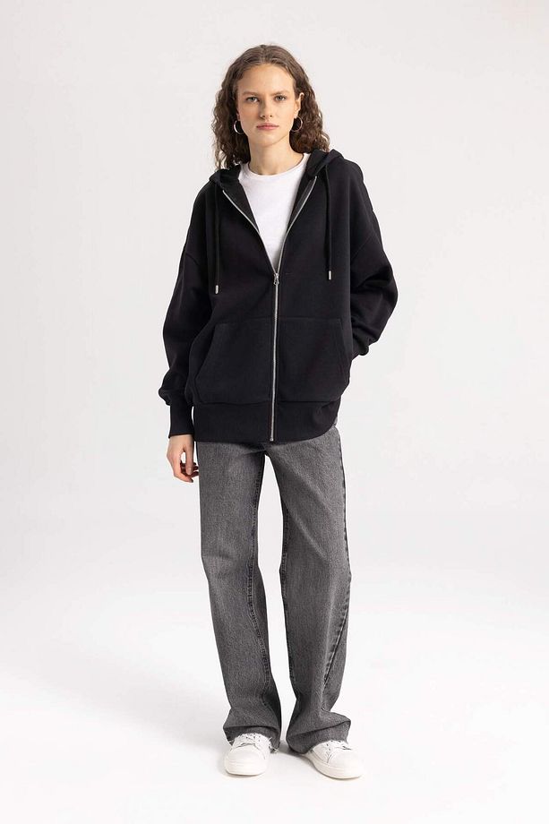 Oversize Fit Kapüşonlu Kalın Kumaş Hırka - 2