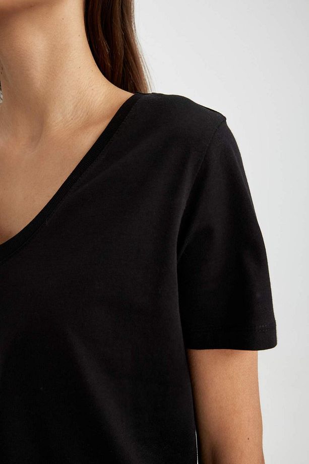 Regular Fit V Yaka Basic Düz %100 Pamuk Kısa Kollu Tişört W9578az23sm - 4