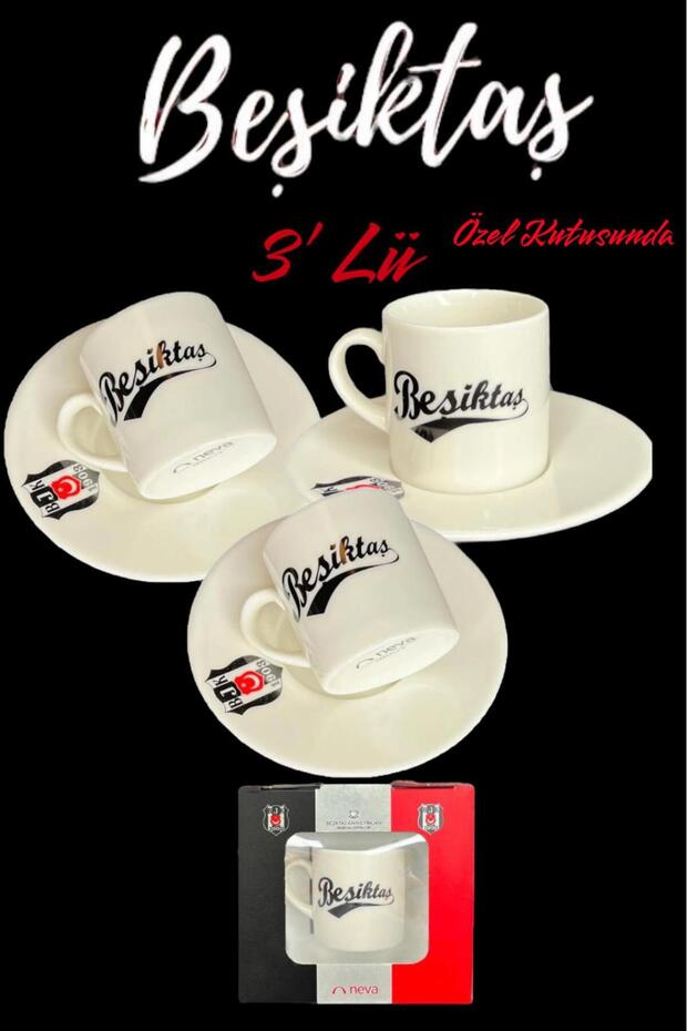 Bjk Fan Licensed 3-Piece Coffee Cup Set - with Beşiktaş, Gift in Special Box