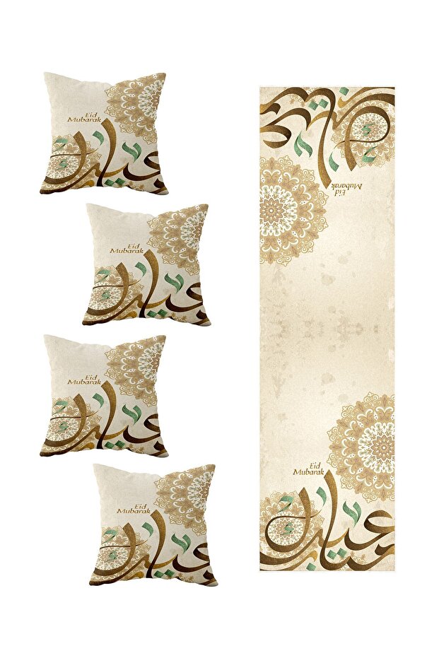 Beige Ramadan Eid Mubarak Table Runner Set with Various Designs and 4 Decorative Cushion Covers