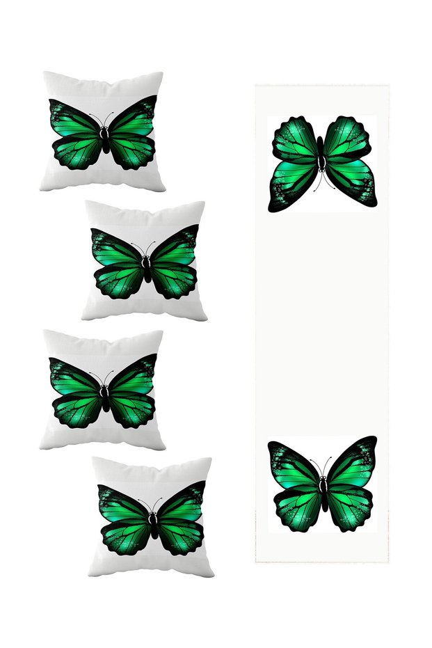 4-Piece Butterfly Patterned Living Room Kitchen Table Set - Different Ranir Models, Decorative Throw Pillow and Runner