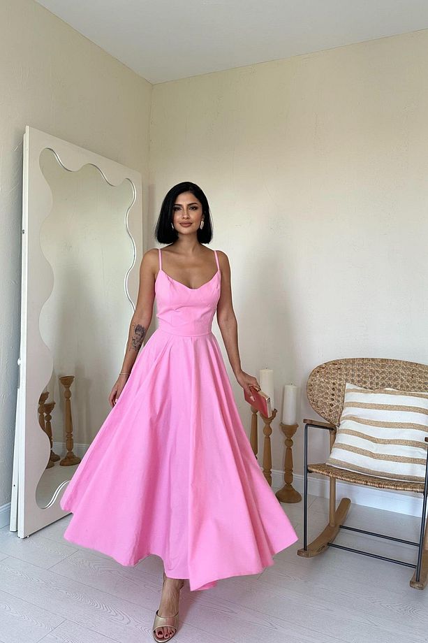 A-Line Askılı Pembe Elbise - 1