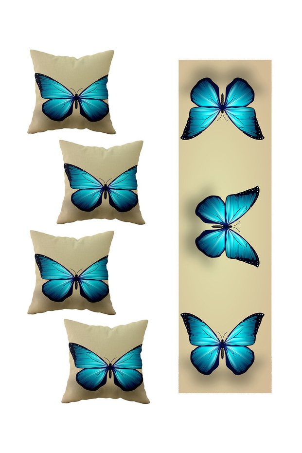 Vintage Turquoise Butterfly Pattern - 4-Piece Decorative Throw Pillow Cover Runner Set