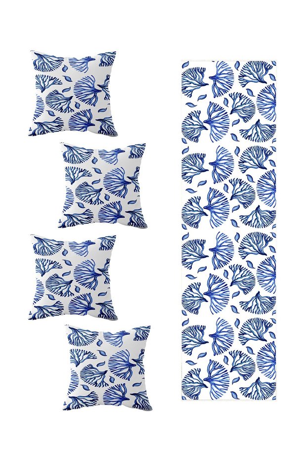 Blue Leaf Living Room Kitchen Table Different Runner Models Decorative 4-Piece Throw Pillow Cover and Runner Set