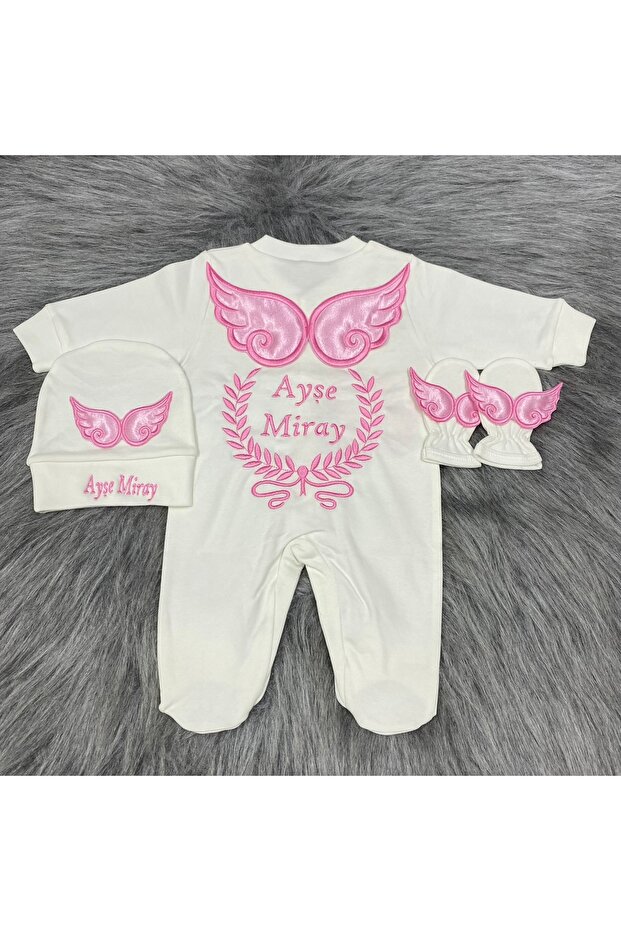 طقم قفازات وقبعة من 3 قطع من Baby Pattern بأجنحة وردية