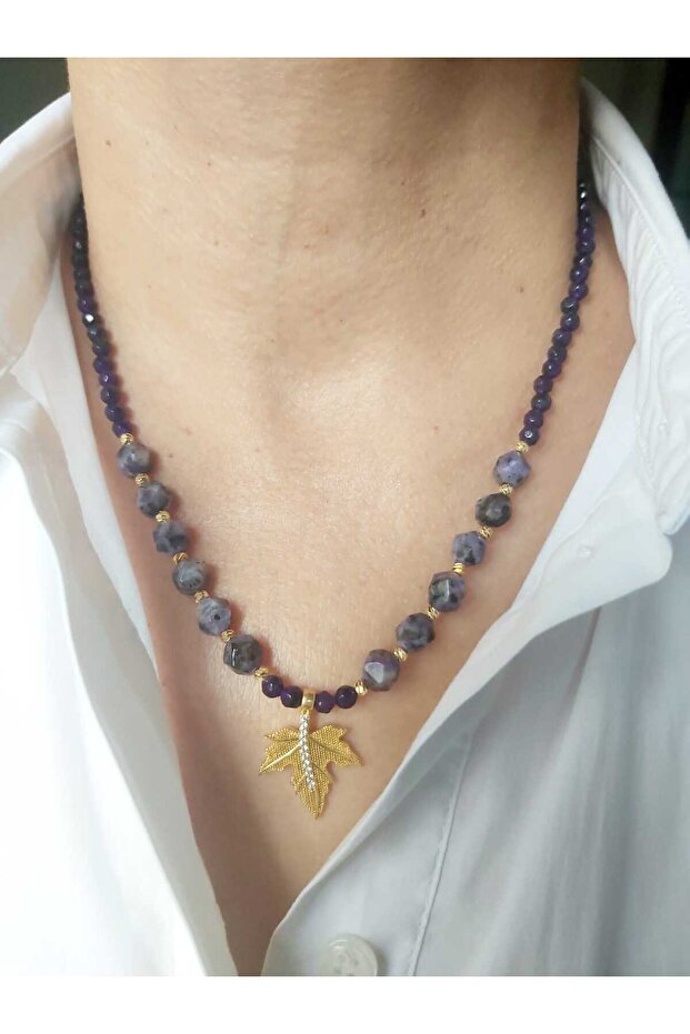 Purple Quartz Natural Stone Leaf Pendant Necklace