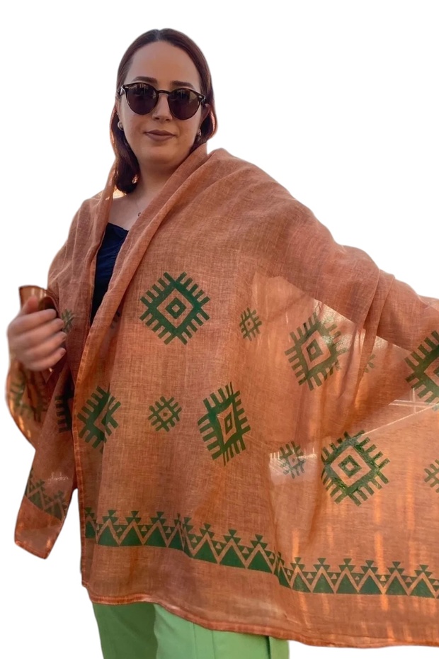 Summer Brown Cotton Traditional Patterned Handmade Shawl Scarf