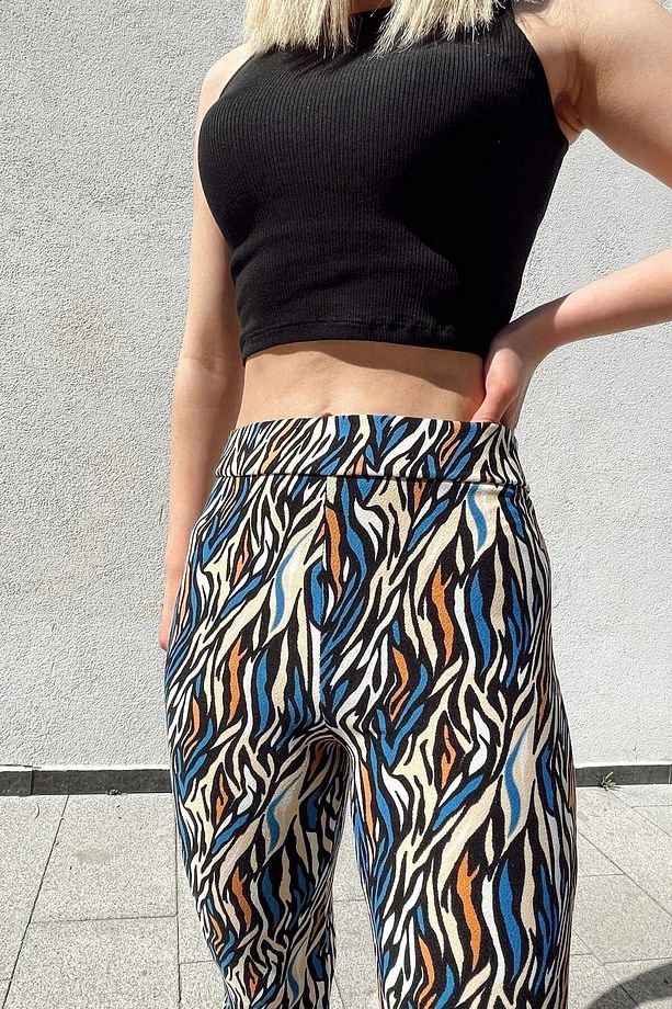 Bej Krep Kumaş Desenli Yüksek Bel Likralı Ispanyol Paça Pantolon 100 Cm - 4