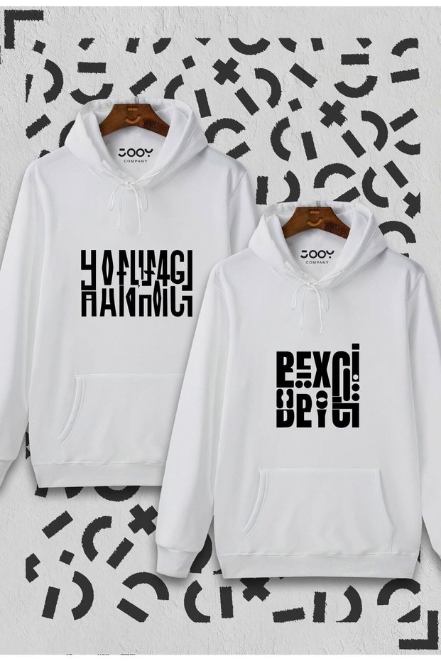 Hanımcı Beyci Lover Couple Combination Folded Design Hooded White Sweatshirt Set of 2