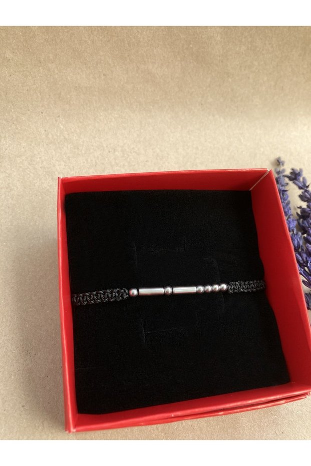 Hematite Natural Stone Morse Alphabet Bracelet with Silver Color Mesh Box