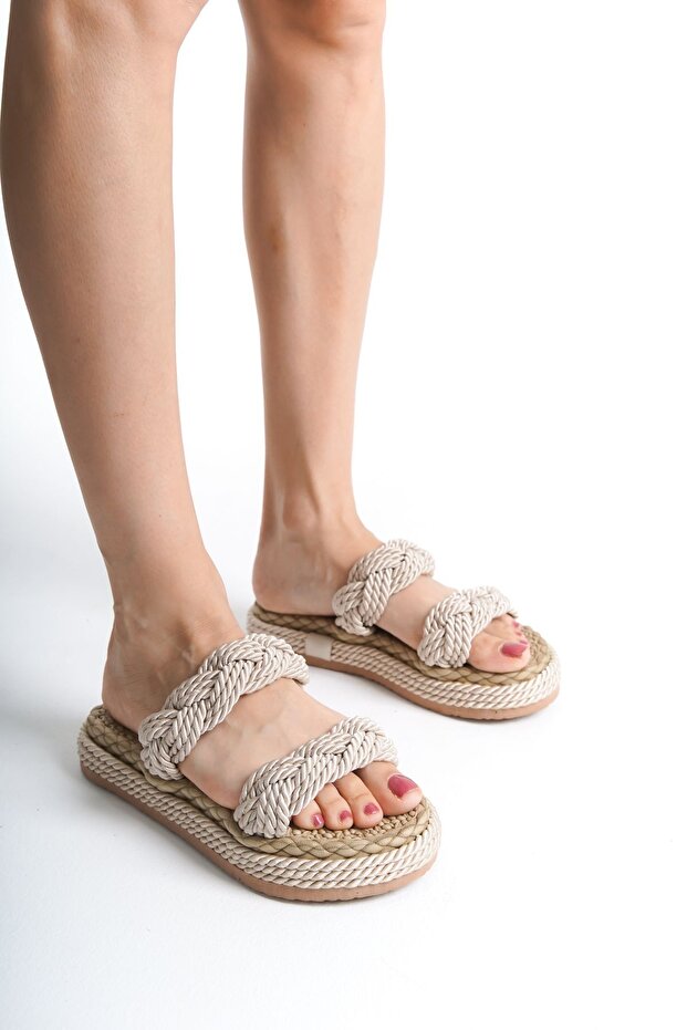 High Cream Rope String Knitted Slippers - 1