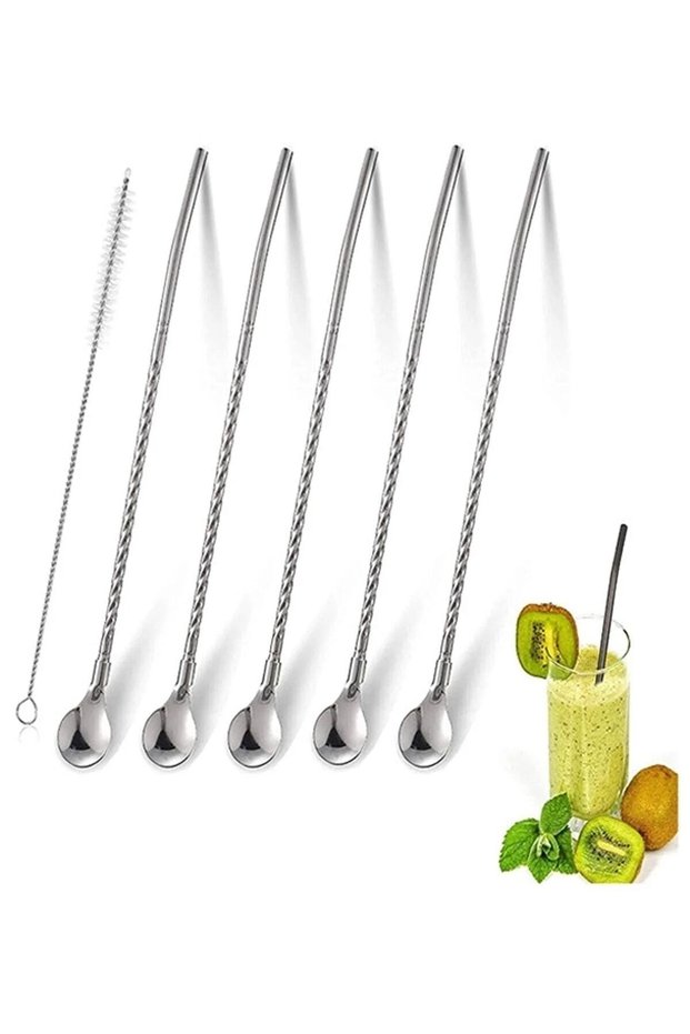 Set of 6 Stainless Chrome Straw Cocktail Bar Spoons and Cleaning Brush, Cocktail Stirrer, Silver Color
