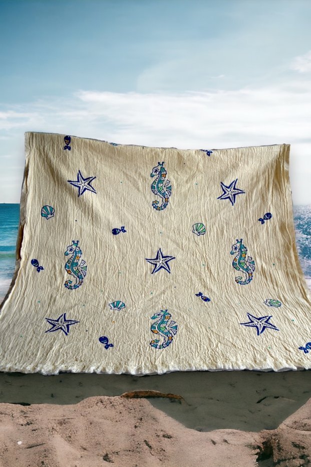 Women's Cream Color Muslin Fabric Beach Towel, Sea Towel, Pestemal