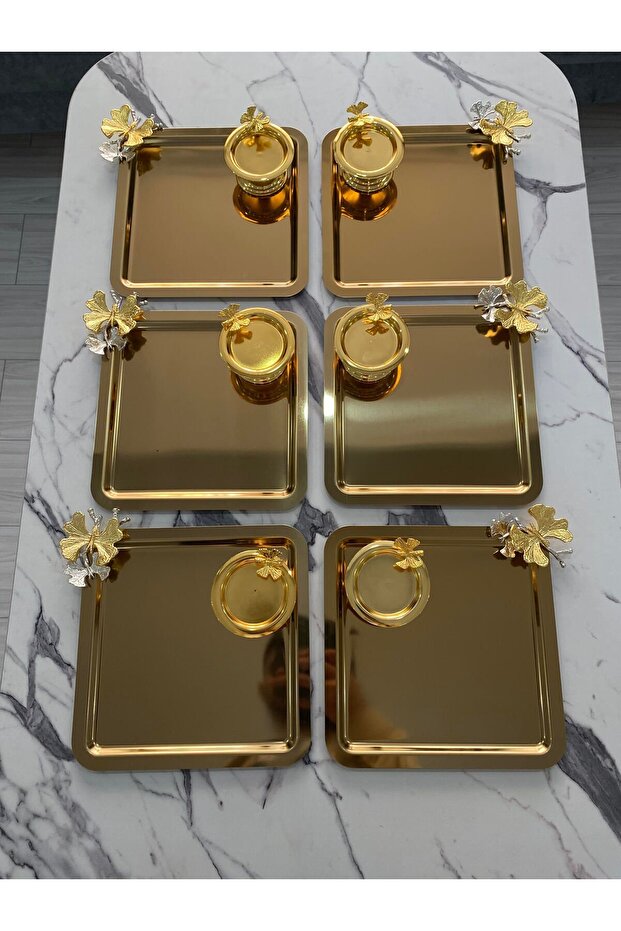 2 Different Models Gold 6-Piece Steel Square Presentation Tray and Butterfly Macaron Holder