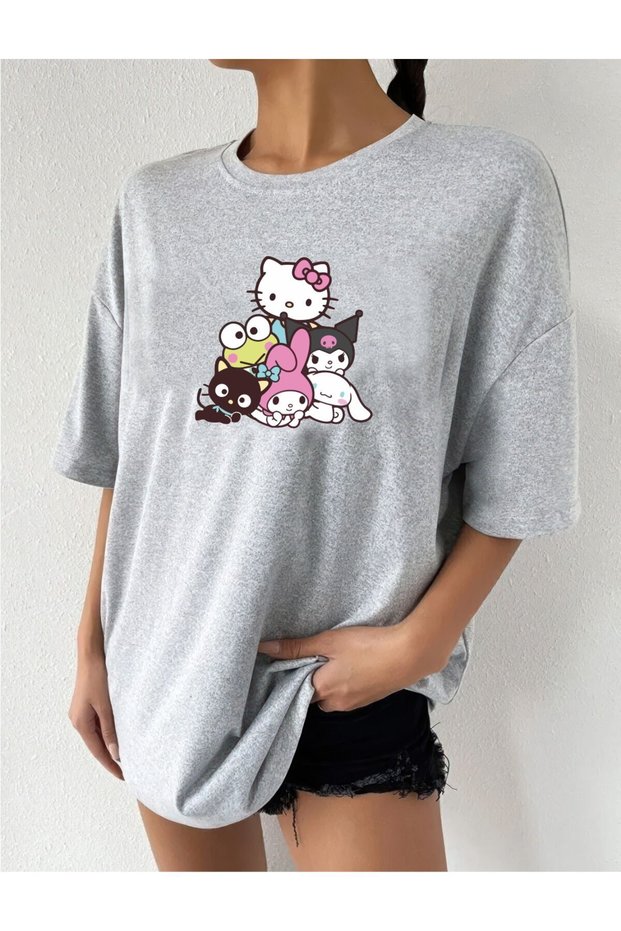 My Melody Kuromi̇ Hello Kitty Design Printed Oversize T-Shirt Tee