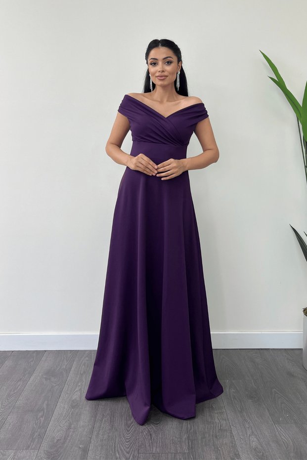 Boat Neck Kiloş Dress - Eggplant Purple