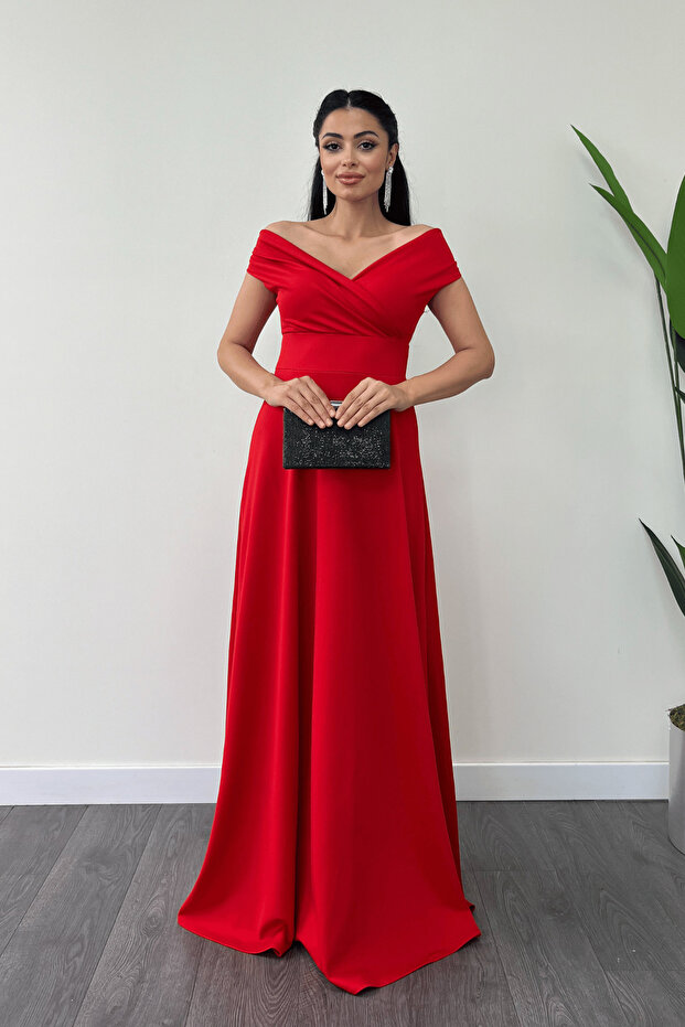 Boat Neck Kiloş Dress - Red