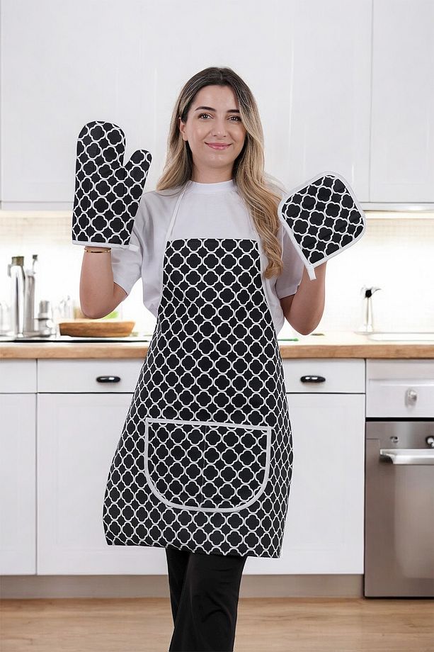 Trendy Membranlı 3lü Set Sıvı Geçirmez Su Geçirmez Mutfak Önlüğü Çeyiz Seti (1 ELDİVEN 1 TUTACAK) - 1