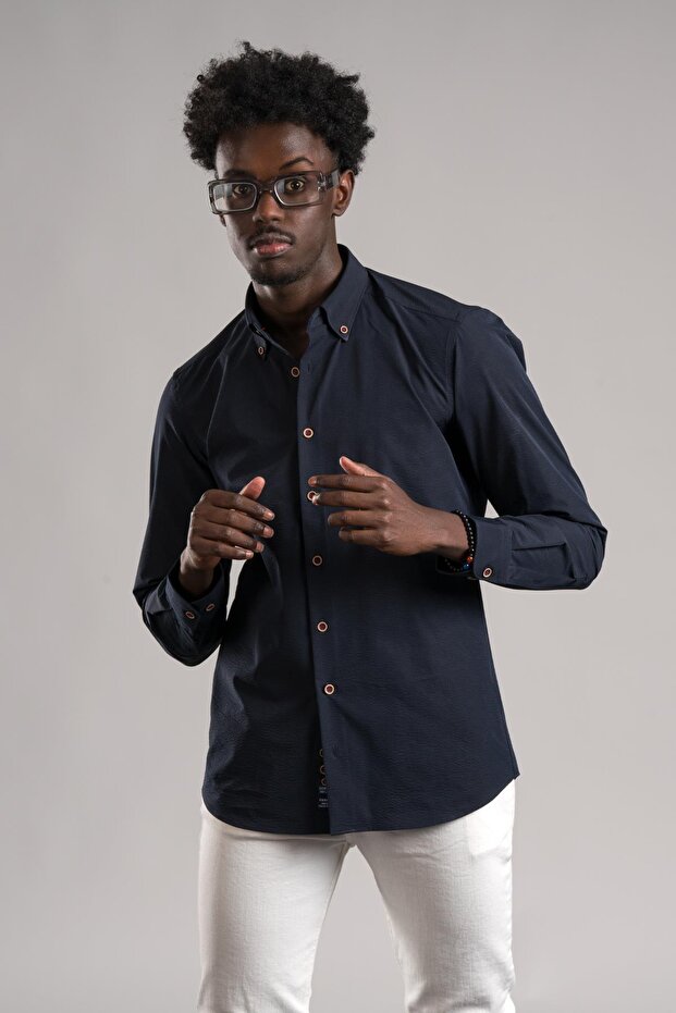 Collared Buttoned Seersucker Slim Fit Cotton Summer Slimfit Shirt