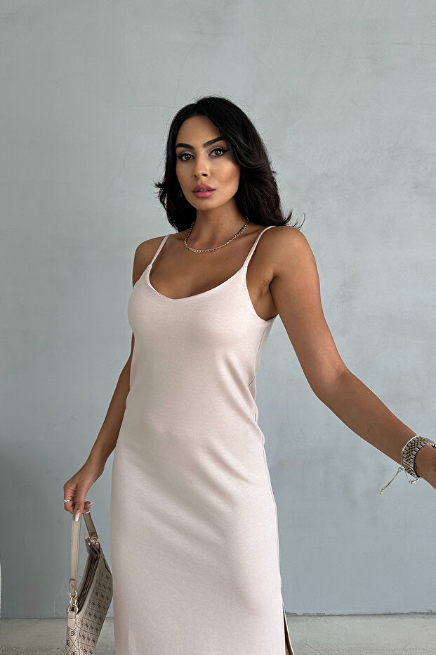 Bej İp Askılı Basic Elbise - 5