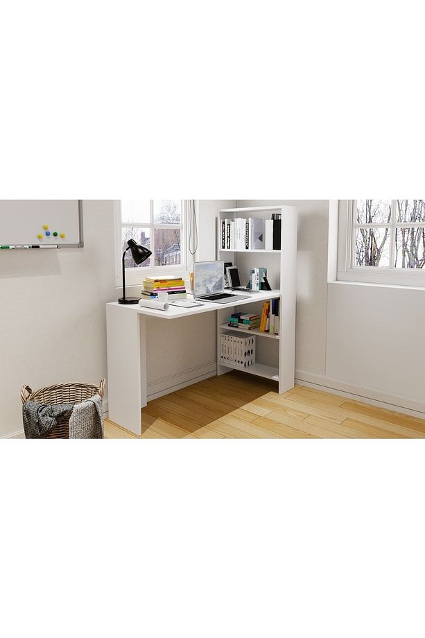 Kitaplıklı Çalışma Masası Beyaz Mdf , Mdf Bilgisayar Masası ,fonksiyonel Ofis Çalışma Masası Mdf - 1