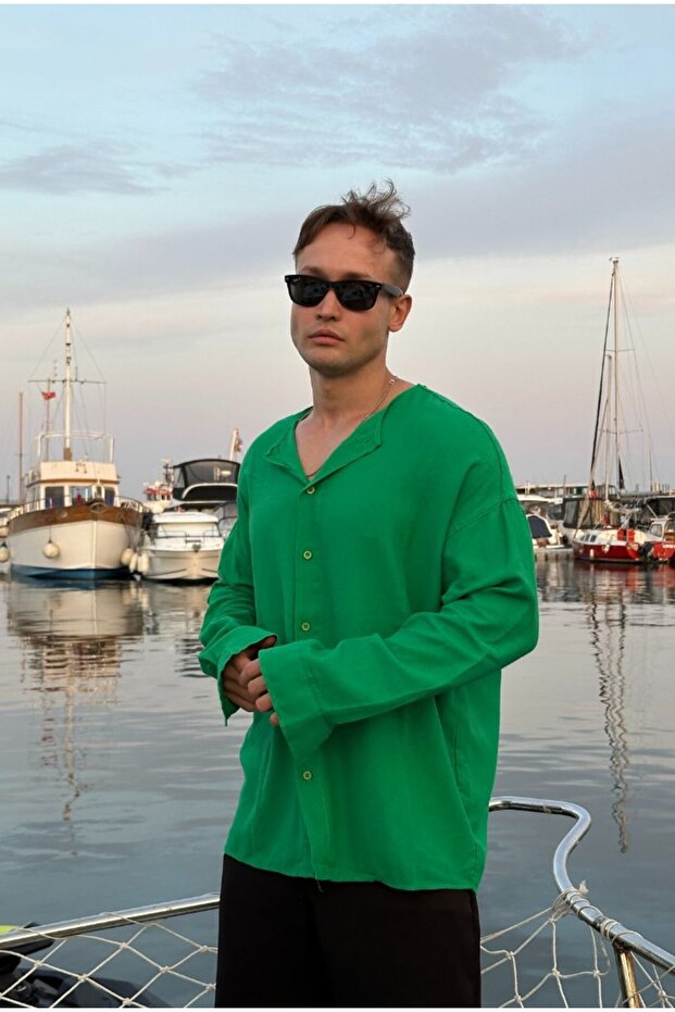 Basic Yakasız Oversize Keten Gömlek - 4