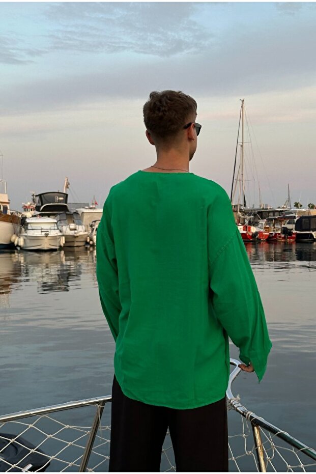 Basic Yakasız Oversize Keten Gömlek - 5