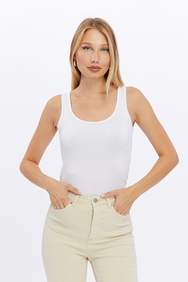 Kadın Siyah Beyaz 2'li Kalın Askılı Basic Atlet - 7