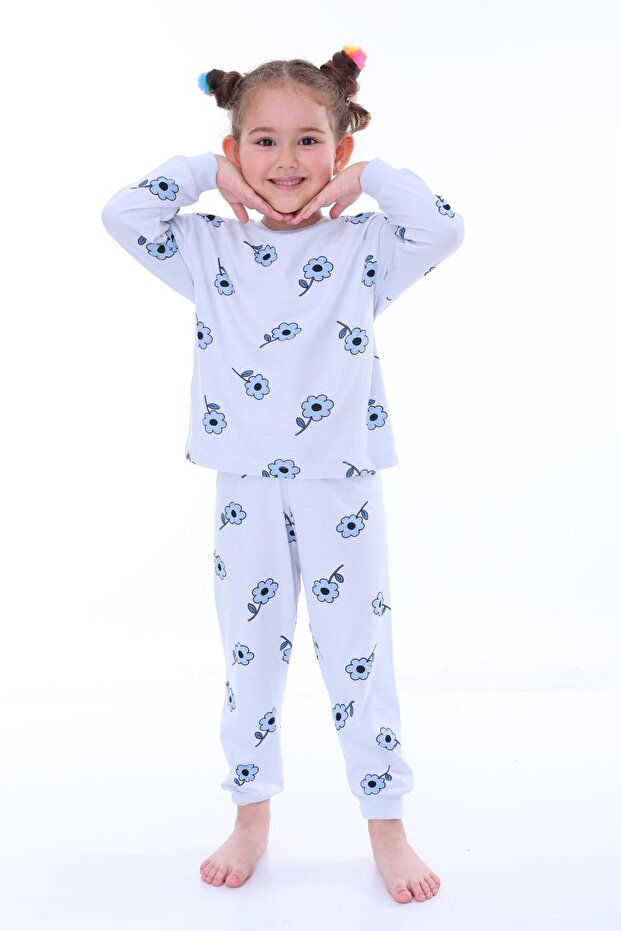 100% Cotton Floral Patterned Long Sleeve Combed Cotton Fabric Girls' Pajama Set (3,4,5,6,7,8 Years)