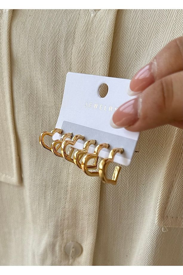 Kalp 3 farklı boy kadın gold set küpe - 2