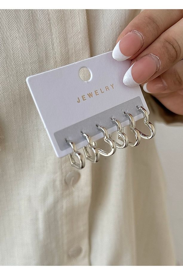 Kalp trend 3 farklı boy silver set küpe - 3