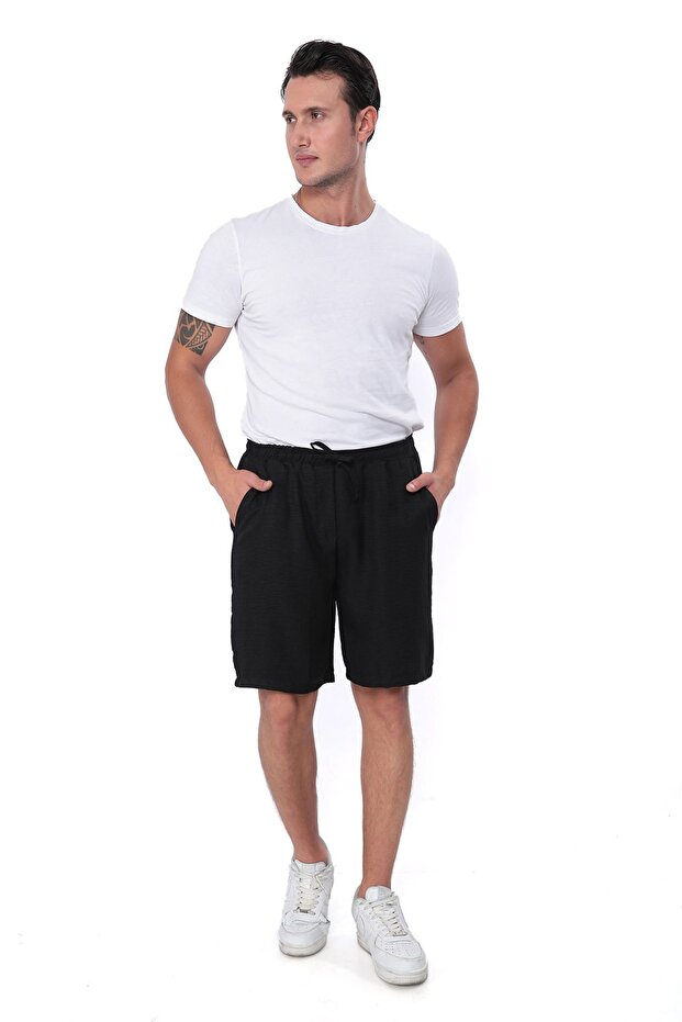 New Season Men's Black Linen Look Shorts, Summer Comfortable Cut Shorts with Elastic Waist