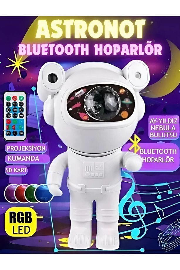 Alüminyum Taşınabilir hoparlör Astronot Bluetooth Hoparlör - Projeksiyon, Gece Lambası, RGB LED, SD - 3