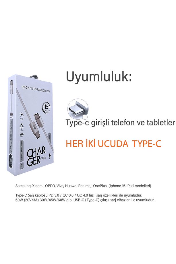 Type-C Hızlı Şarj Kablosu Samsung A33 A34 A35 A53 A54 A55 Şarj Kablosu 60W - 4