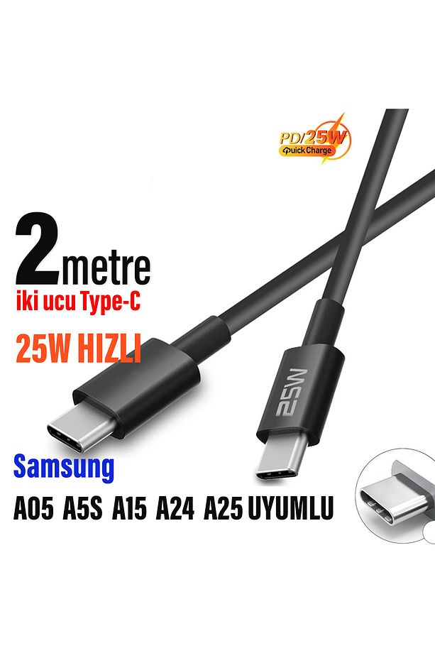Samsung A05 A5S A15 A24 A25  Hızlı Şarj Kablosu Type-C den Type-C ye 2 metre Uzun Şarj Kablosu - 1