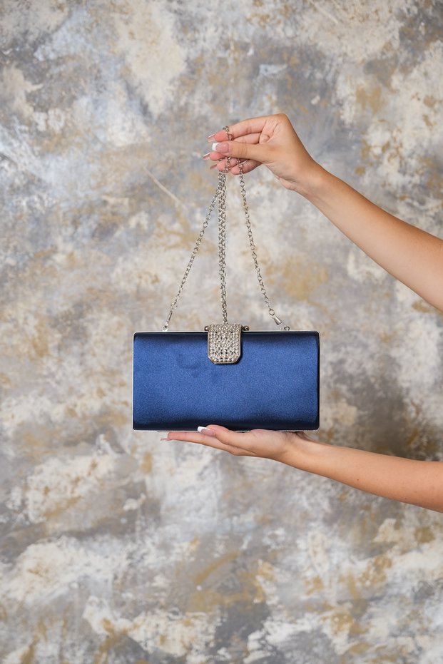 Navy Blue Satin Women's Cover Detailed Evening Dress Evening Bag