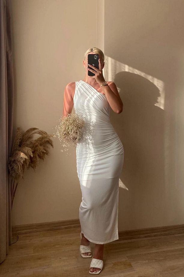 Beyaz Tek Omuz Drape Detay Astarlı Midi Elbise - 7